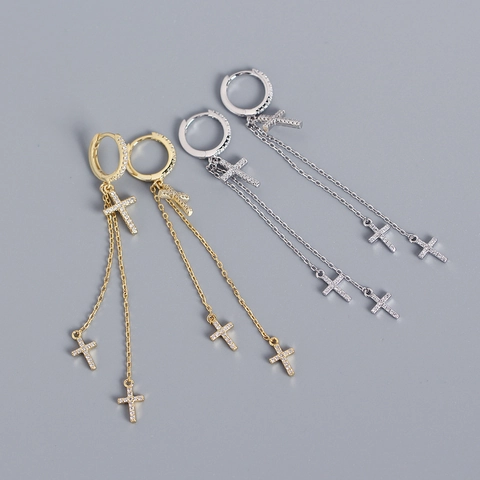 925 Sterling Silver Cross Tassel Dangle Earrings Sparkling Zircon Drop Ear Buckles For Women Elegant Jewelry