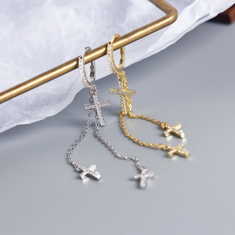 925 Sterling Silver Cross Tassel Dangle Earrings Sparkling Zircon Drop Ear Buckles For Women Elegant Jewelry