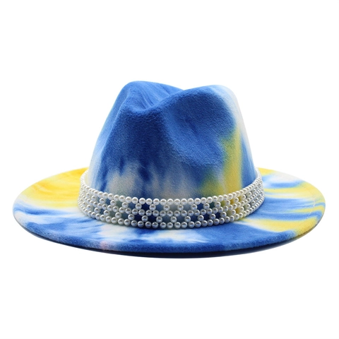 Tie Dye Wool Felt Fedora Hat With Triple Row Artificial Pearl Beaded Band Flat Wide Brim Vintage Jazz Hat For Women Men