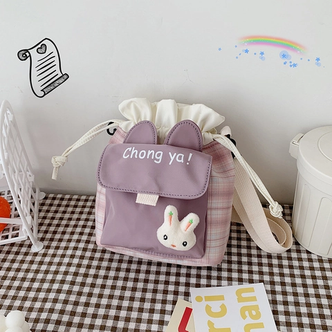 Cute Bunny Ears Canvas Crossbody Bag Cartoon Drawstring Bucket Purse For Women Girls Plaid Casual Shoulder Handbag