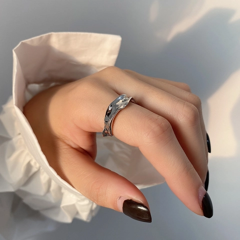 Anello Aperto In Argento Sterling 925 Texture Lava Metallo Liquido Irregolare Ondulato Concavo Convesso Regolabile Da Donna