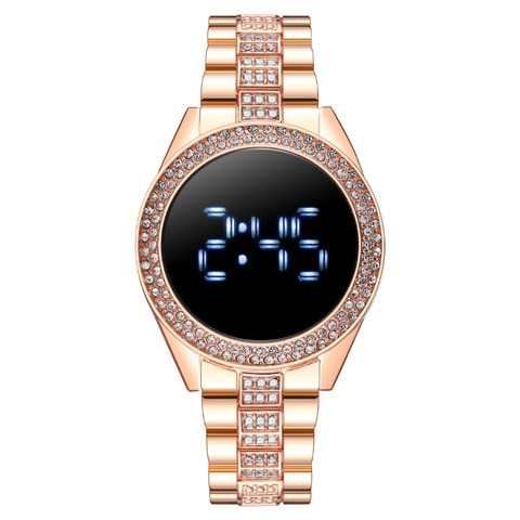 Reloj Digital LED Para Mujer De Moda Lujo Con Incrustaciones De Pedrería Correa De Metal Pantalla Táctil