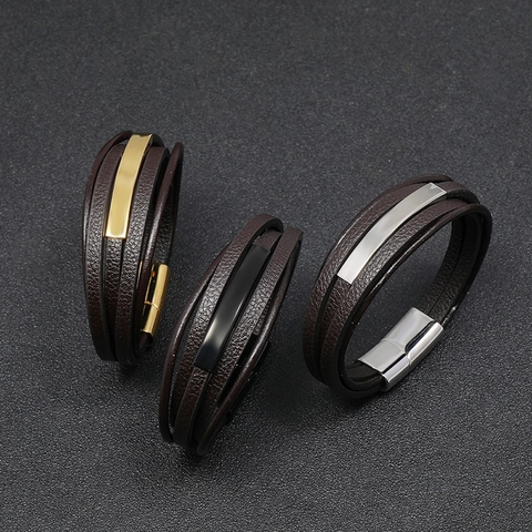 Bracciale In Pelle Di Vacchetta Intrecciata Multistrato Con Chiusura Magnetica In Acciaio Inossidabile Gioielli Punk Uomo