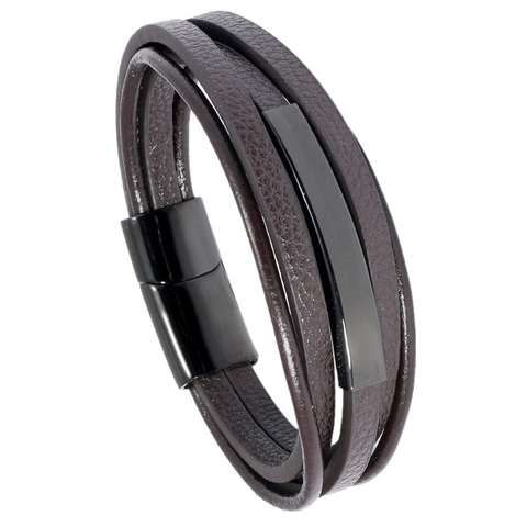 Mehrlagiges Geflochtenes Rindsleder Armband Mit Edelstahl Magnetverschluss Metallplatte Punk Retro Schmuck Für Herren
