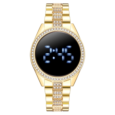 Orologio Digitale a LED da Donna Alla Moda Intarsiato con Strass Cinturino in Lega di Metallo Orologio da Polso Elettronico di Lusso