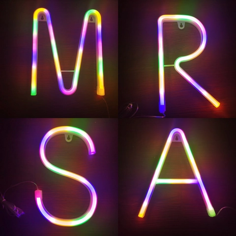 Regenbogen LED Neon Buchstaben Lichter Alphabet Zahlen Farbverlauf Schild Batterie USB Betrieben Wanddeko Für Hochzeit Party Antrag Haus Weihnachten