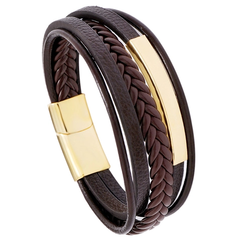 Bracciale In Pelle Intrecciata Multistrato Con Chiusura Magnetica In Acciaio Inossidabile Gioielli Di Moda Retrò Per Uomini