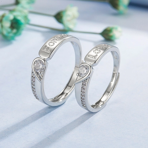 Copper Zirconia Heart Shaped Couple Rings Set Forever Love Engraved Adjustable Open Wedding Band Fashion Jewelry For Lovers