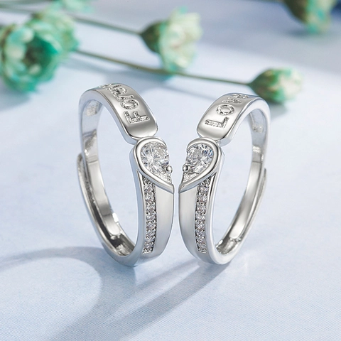 Copper Zirconia Heart Shaped Couple Rings Set Forever Love Engraved Adjustable Open Wedding Band Fashion Jewelry For Lovers