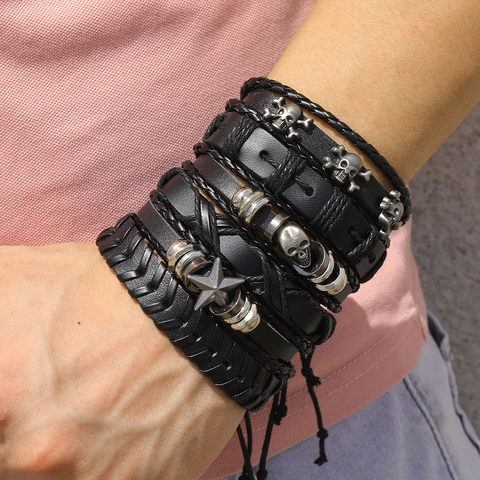 Heren Meerlagige Leren Gevlochten Armband Collectie Met Legering Schedel Ster Kruis Charms Verstelbare Retro Punk Sieraden