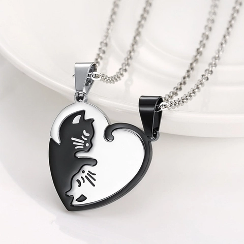 Cat Interlocking Puzzle Pendant Necklace For Couples Friends Stainless Steel Yin Yang Animal Jewelry Clavicle Chain Gift