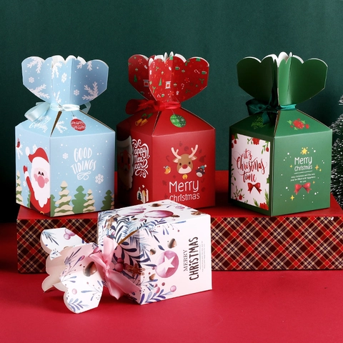 Scatole Regalo Di Natale Confezioni Per Caramelle In Cartone Con Nastro Di Raso Motivi Babbo Natale Renna Per Feste