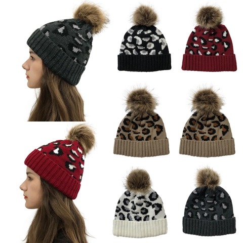 Women Winter Beanie Hat Leopard Print Knit Cap With Faux Fur Pom-pom Warm Cuffed Acrylic Outdoor