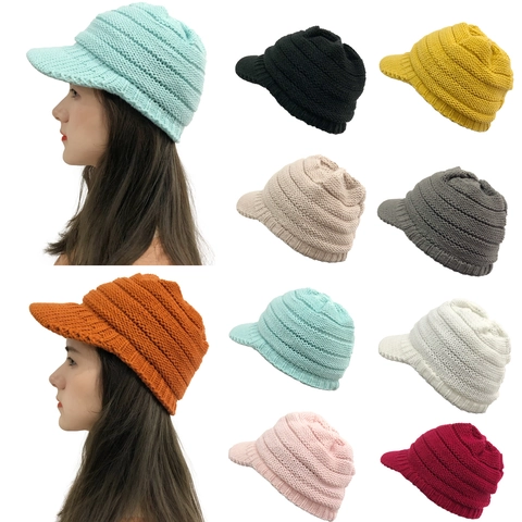 Women Knit Visor Beanie Hat Chunky Acrylic Winter Warm Windproof Outdoor Skiing Newsboy Cap