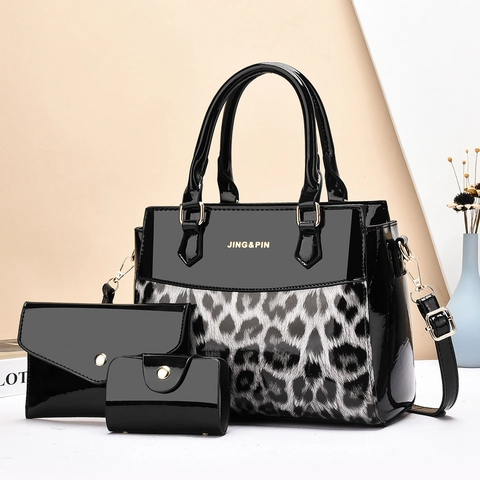 Leopard Print Patent Leather Large Tote Handbag And Envelope Clutch And Coin Purse PU Crossbody Shoulder Bag