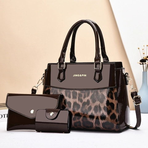 Leopard Print Patent Leather Large Tote Handbag And Envelope Clutch And Coin Purse PU Crossbody Shoulder Bag