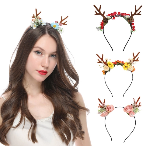 Cerchietto Con Corna Di Renna Di Natale Con Fiori Artificiali Pigne Bacche Per Festa Stile Foresta