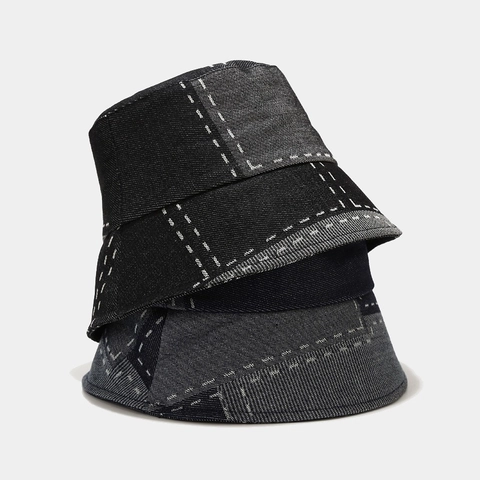 Patchwork Denim Fischerhut Baumwolle Kontrastnaht Vintage Retro Streetwear Sonnenschutz Unisex