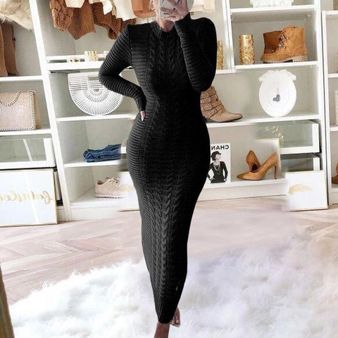 Women Long Sleeve Cable Knit Maxi Dress Slim Fit Round Neck Solid Color Polyester Sweater Dress Elegant Commuter