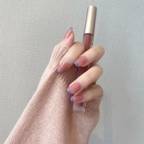 Unghie Finte Quadrate Lunghe Base Nude Rosa Jelly Punta French Blu Elegante Impermeabile Rimovibile