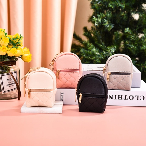Mini Backpack Coin Purse PU Leather Quilted Lattice Double Zipper Key Ring Bag Charm For Women Girls