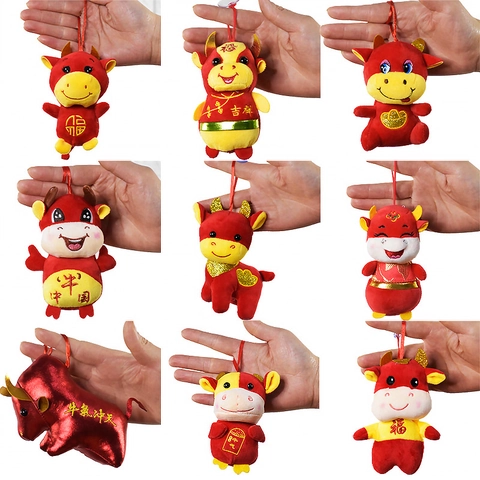 Lunar New Year Zodiac Ox Plush Keychain Mascot Red Gold Tang Suit Festive Small Stuffed Animal For Car Home Decoration