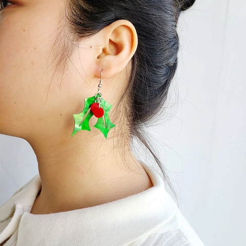 Weihnachts Stechpalmenblatt Beeren Ohrringe Acryl Grün Rot Festlicher Schmuck Feiertag Geschenk Damen