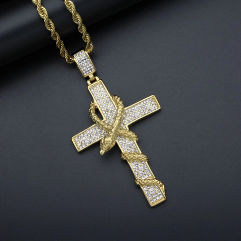 Collar con colgante de cruz ankh envuelta en serpiente acero inoxidable 316 rhinestone incrustado joyería hip hop hombres mujeres