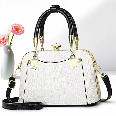 Women Handbag Crocodile Pattern PU Leather Crossbody Bag Elegant Luxury With Crystal Lock Gold Hardware And Top Handle