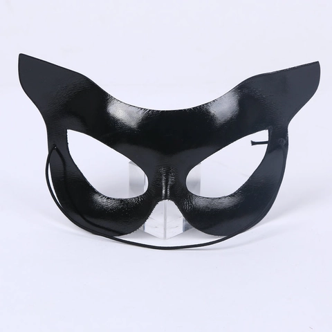 Masque Chat Demi Visage Mascarade Party Accessoires Sexy Noir PVC Plastique Oreille De Chat Costume Pour Halloween Femmes