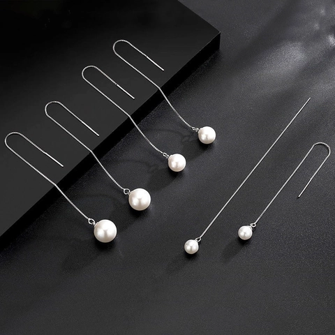 Orecchini a Passante in Argento Sterling S925 con Perla Artificiale per Donna Orecchini Pendenti Geometrici a Nappa Lunga Gioielli