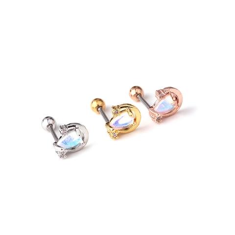 Cartilage Earring Stud Stainless Steel Bar Copper Inlaid Cubic Zirconia Opal Flower Moon Star Shape Screw Ball Back Fashion Piercing Jewelry