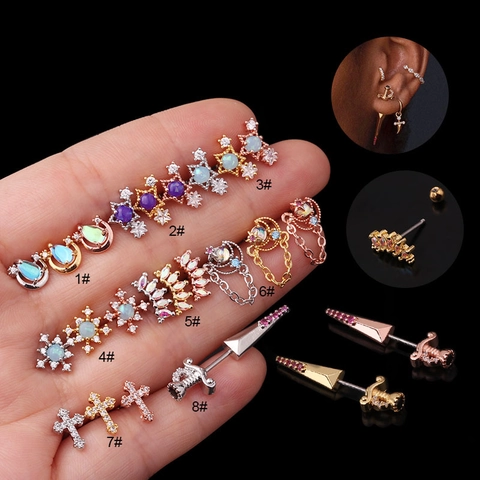 Cartilage Earring Stud Stainless Steel Bar Copper Inlaid Cubic Zirconia Opal Flower Moon Star Shape Screw Ball Back Fashion Piercing Jewelry