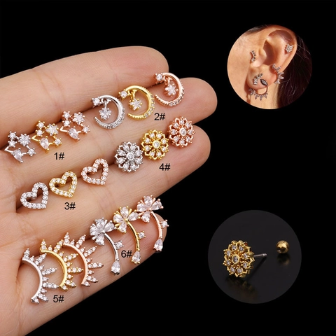 Boucles Oreille Cartilage Acier Inoxydable Cuivre Avec Zircone Bouchon Vissé Étoile Lune Cœur Piercing