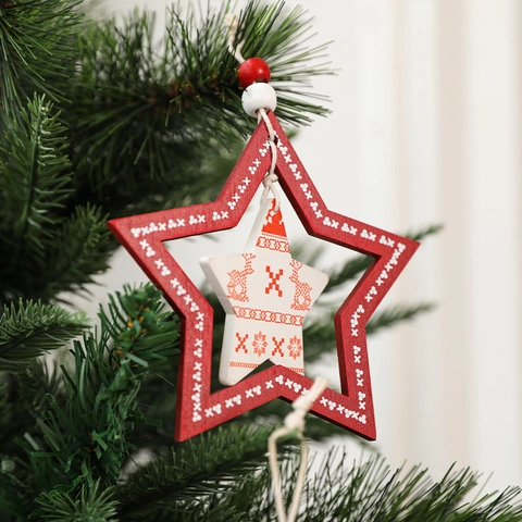 Christmas Wooden Ornaments Nordic Red White Tree Star Heart Shapes Reindeer Snowflake Pattern Hanging Holiday Decor