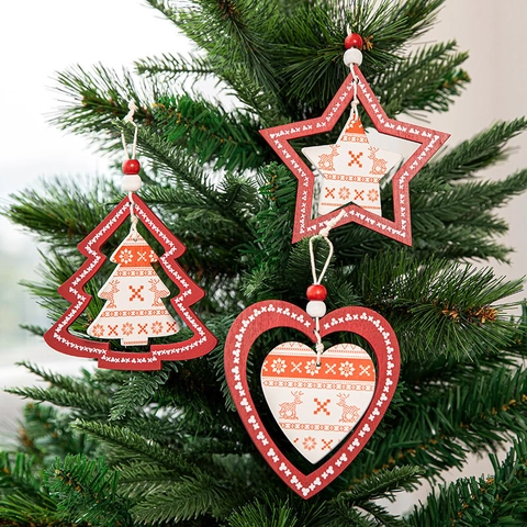 Christmas Wooden Ornaments Nordic Red White Tree Star Heart Shapes Reindeer Snowflake Pattern Hanging Holiday Decor