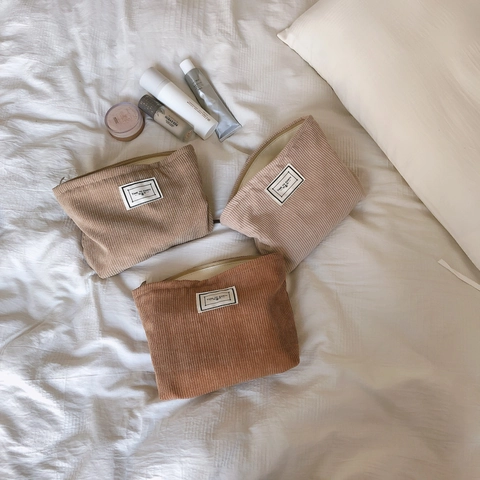 Corduroy Cosmetic Bag Women Makeup Pouch Travel Toiletry Organizer Soft Canvas Lining Zipper Solid Color Korean Style