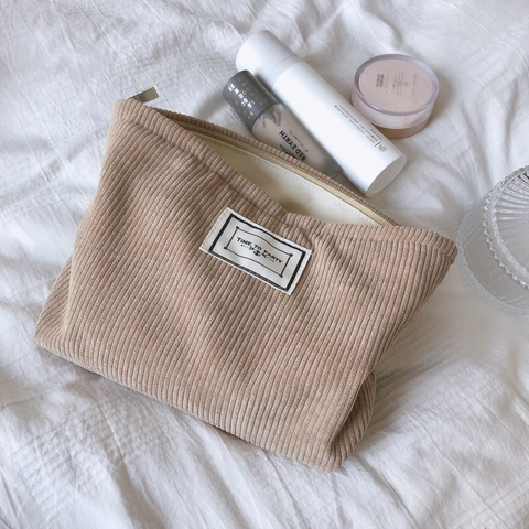 Corduroy Cosmetic Bag Women Makeup Pouch Travel Toiletry Organizer Soft Canvas Lining Zipper Solid Color Korean Style
