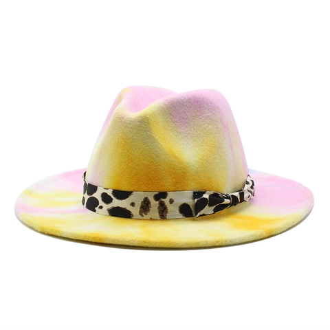 Cappello Fedora Tie Dye Feltro Colorato Tesa Larga Jazz Con Nastro Leopardato Per Uomo Donna Stile Vintage