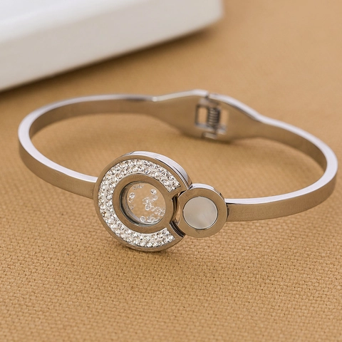 316L Edelstahl Rund Strass Muschel Armreif Für Damen Einfach Mode Geometrisch Doppelring Offener Armband Schmuck