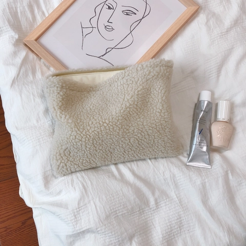 Bolso De Mano De Felpa Sherpa Gran Capacidad Neceser De Cosméticos Vintage Color Sólido Suave Cremallera Minimalista Para Mujer