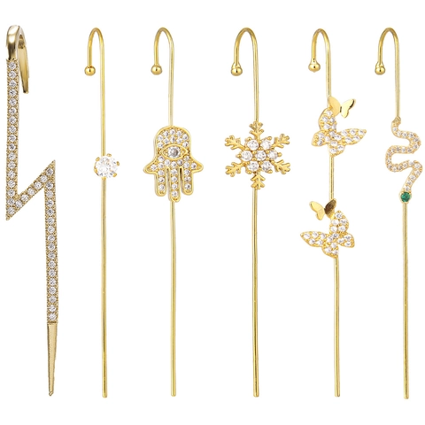 Orecchini Ear Crawler Geometrici Rame Placcato Oro Zircone Mano Di Fatima Farfalla Serpente Con Perno In Argento Donna