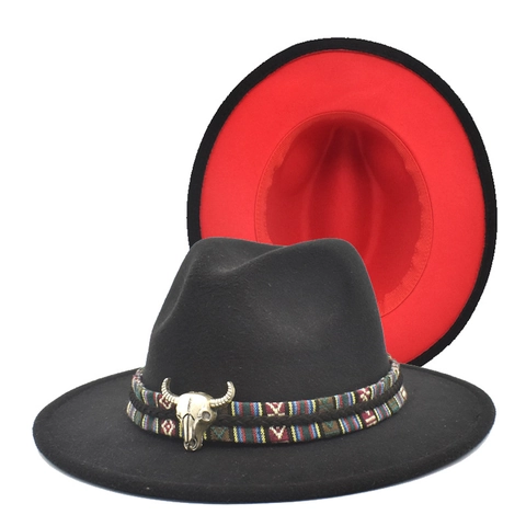 Contrast Color Wool Felt Fedora Hat With Metal Bull Skull Head Ethnic Woven Band Wide Brim Western Cowboy Jazz Hat