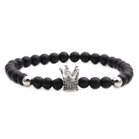 Men Beaded Bracelet Matte Black Stone Micro Pave Zirconia Crown Charm Elastic Stretch Trendy Jewelry Gift