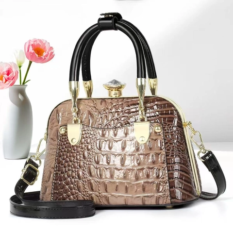 Sac À Main En Cuir PU Motif Crocodile Serrure Cristal Matériel Doré Bandoulière Amovible Sac À Bandoulière Rétro Femmes