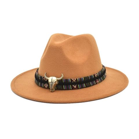 Wool Felt Fedora Hat Wide Brim Western Cowboy Bohemian Style Ethnic Band Metal Bull Skull Vintage Accessory Unisex