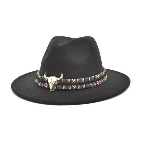 Wool Felt Fedora Hat Wide Brim Western Cowboy Bohemian Style Ethnic Band Metal Bull Skull Vintage Accessory Unisex