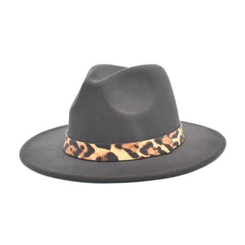 Fedora Hat Woolen Felt Wide Brim Leopard Print Band Metal Rivet Vintage Jazz Hat For Men Women Outdoor Travel