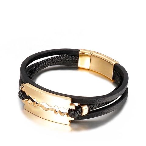 Pulsera De Cuero Trenzado Multicapa Con Dije De Hoja De Afeitar De Acero Inoxidable Estilo Punk Industrial Hombre