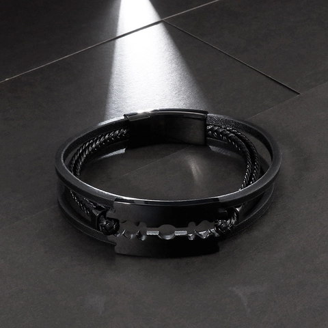 Pulsera De Cuero De Varias Capas Para Hombre Con Dije De Hoja De Afeitar De Acero Inoxidable Joyería Punk Cierre Magnético
